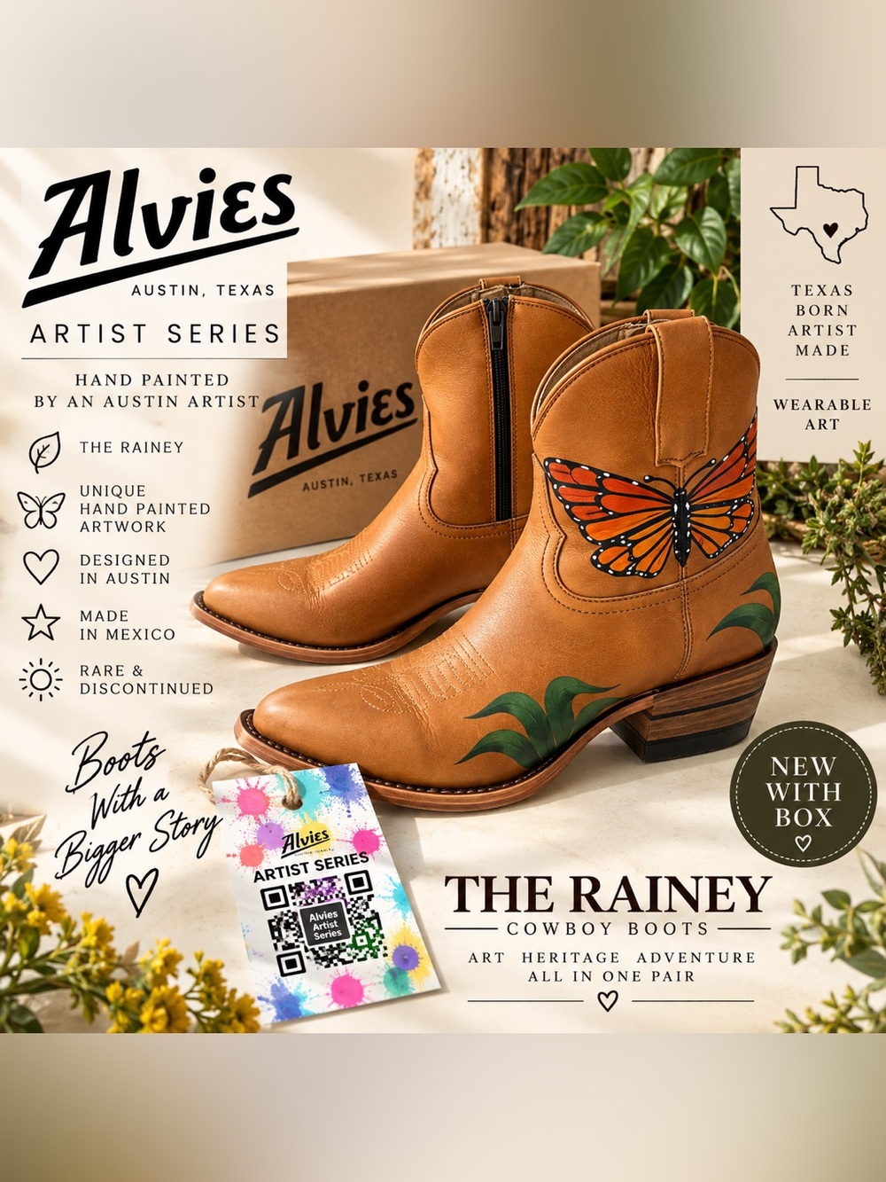 Alvies The Rainey Tan Leather Ankle Boots with Hand-Painted Butterfly